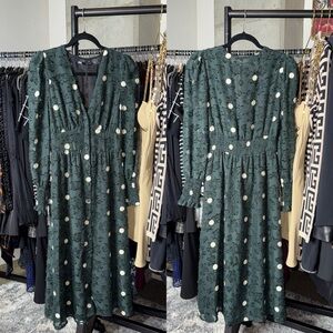New Zara Green Textured Polka Dot Midi Dress With Smocked Waist Womens Small